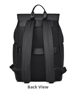 Ergonomic breathable mesh back panel and padded straps on black travel backpack