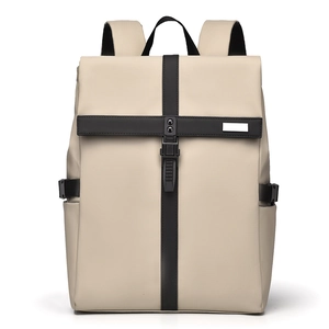 Minimalist beige waterproof backpack with black straps and cross-buckle closure for travel