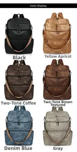 Detailed color selection showing vintage leather backpacks with ethnic woven shoulder straps
