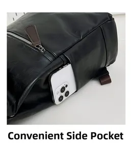Detail of a large capacity backpack side pocket with a leather zipper and smartphone storage
