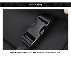 Detail of durable high-plastic buckle and black nylon strap on professional travel backpack