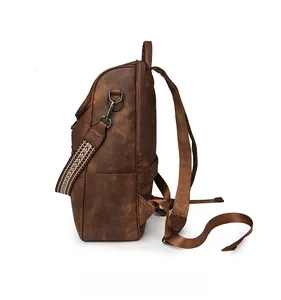 Side view of vintage brown leather backpack with textured straps and metal buckles