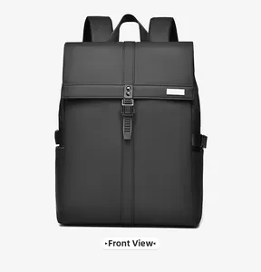 Front view of black waterproof business backpack with metal buckle and roll-top design