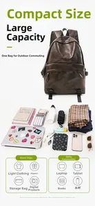Close-up of brown PU leather backpack interior showing large capacity for laptops