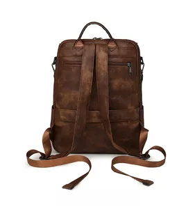 Rear view of dark brown vintage PU leather backpack with adjustable straps and hidden pocket