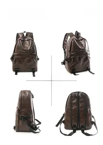 Front, side, and back views of a vintage brown leather backpack with multiple pockets