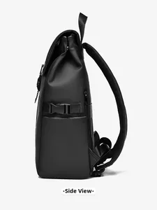 Side view of matte black waterproof backpack with roll-top design and adjustable straps