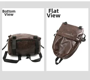 Detail view showing the bottom and flat layout of the vintage brown faux leather backpack