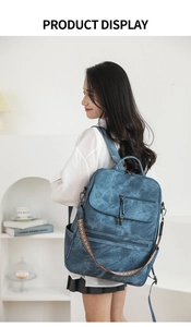 Detail of teal vintage backpack showing distressed faux leather texture and zip pockets