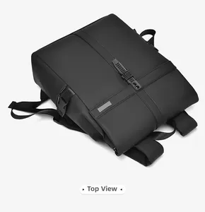 Top view of minimalist black waterproof travel backpack with roll-top buckle closure