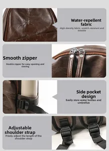 Detail view of retro leather backpack showing waterproof fabric and smooth metal zippers