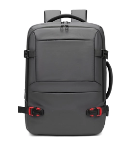Front view of 19-inch travel backpack with multiple zippers and red buckle details