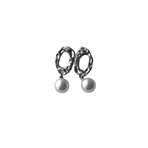 Irregular silver geometric hoop earrings with round pearls in minimalist modern style