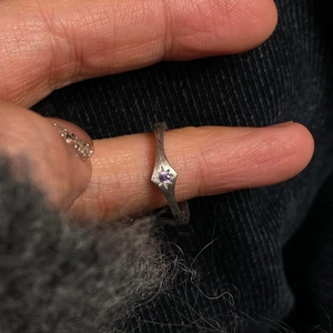 Minimalist silver matte ring with purple starburst gemstone inlay for women