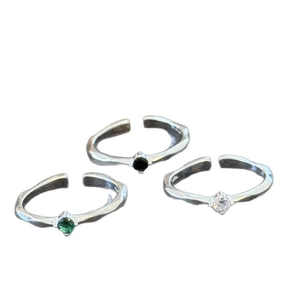 Three-piece S925 sterling silver adjustable rings with green, black and clear zircon stones