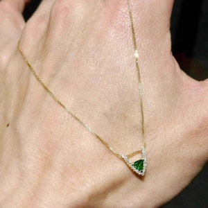 Exquisite 18K gold triangle green zircon necklace with micro-paved diamond pendant
