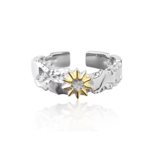 Adjustable sun and star textured couple ring in silver finish with gold accent