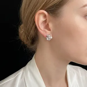 Elegant Flower Stud Earrings With Copper Zircon And Artificial Pearl For Women Delicate Small Vintage Style Jewelry