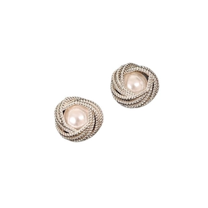 French vintage style round pearl earrings with golden twisted rope design on white background