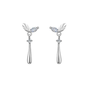 Leaf drop earrings with marquise-cut stones and long silver tassels on white backdrop