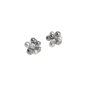 Elegant zircon flower stud earrings with white pearls and polished silver beads