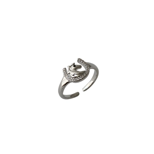 Adjustable silver horseshoe ring with sparkling zircon and black gemstone horse head