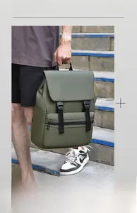 Detail of olive green water-resistant backpack with flap double buckle closure design