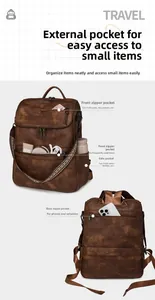 Detail view of retro brown PU leather backpack showing anti-theft back pocket and compartments