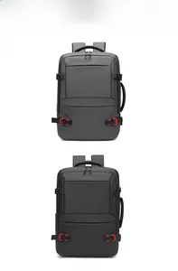 Detailed view of gray and black 19-inch business backpacks with red anti-theft buckles