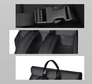 Detail of durable plastic buckles and breathable mesh padding on black street backpack