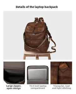 Detail of vintage brown 15.6 inch laptop backpack with reinforced stitching and main zip