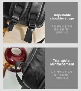 Detail of adjustable shoulder straps and triangular reinforced stitching on a leather backpack