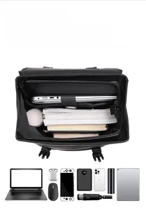 Top-down view of large black business backpack with laptop compartment and multi-pocket storage