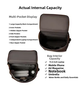 Detail view of large capacity vintage backpack with 15.6 inch laptop compartment