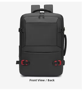 Front view of black 19-inch business travel backpack with waterproof fabric and red buckles