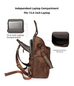 Detail view of brown vintage backpack with 15.6 inch laptop compartment and multi-pockets