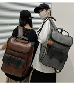 Close-up of minimalist faux leather backpacks in brown and matte grey with bear charms