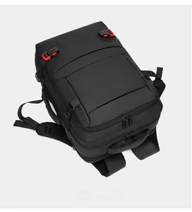 Detailed top view of 19-inch travel backpack with red buckles and matte waterproof fabric