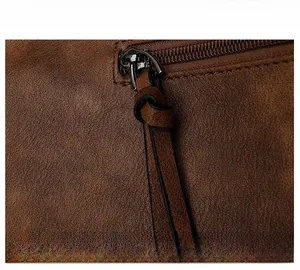 Close-up of vintage brown leather backpack texture with stylish metal zipper puller