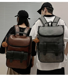 Rear view of vintage PU leather backpacks in brown and dark grey with bear charms