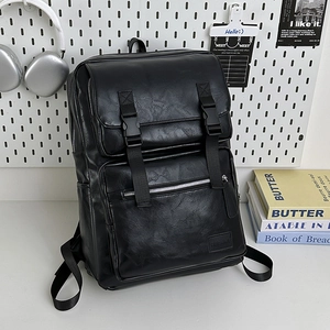 Mochila retro de cuero negro de gran capacidad con cierre de hebilla para viaje y negocios
