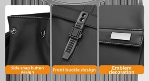 Detailed views of waterproof nylon backpack with metal buckles and adjustable straps