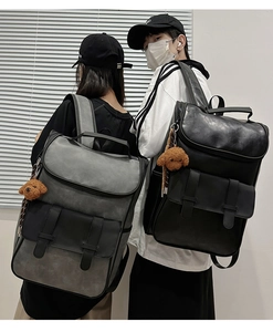 Detail of PU leather backpack featuring flap closure and plush dog pendant on the side