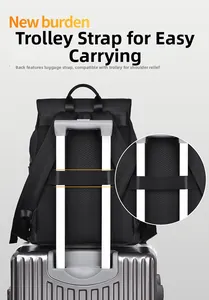 Detail of breathable mesh back panel and luggage trolley sleeve on black travel backpack