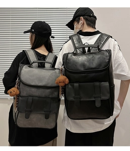 Men's fashion PU leather backpacks with double buckles and cute bear charm details