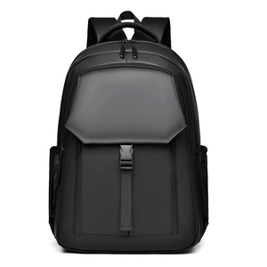 Minimalist black waterproof business backpack with front buckle flap and mesh side pockets