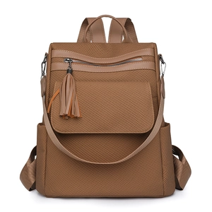 Women Fashion Backpack PU Leather Weave Texture Tassel Decor Large Capacity Commuter Retro Shoulder Bag