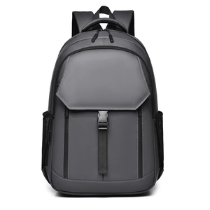 Detail of dark grey business backpack with hexagonal flap and plastic buckle closure