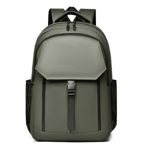 Front detail of olive green waterproof backpack with black buckle and mesh side pockets