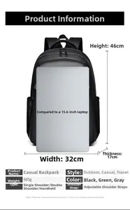Detail showing 46x32x17cm dimensions and features for the 15.6-inch laptop backpack